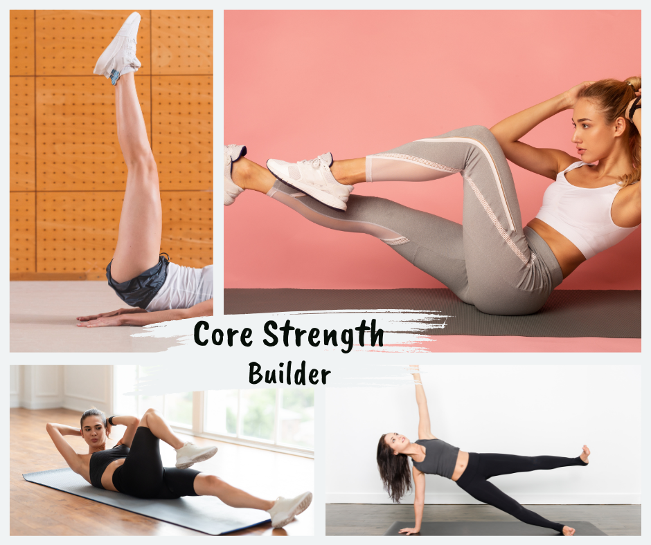 Visual guide for a 15-minute core strength builder workout with no equipment. Exercises include: Crunches for 30 seconds, Bicycle Crunches for 30 seconds, Leg Raises for 30 seconds, and Side Planks for 30 seconds on each side. Focus is on engaging and strengthening the abdominal and oblique muscles