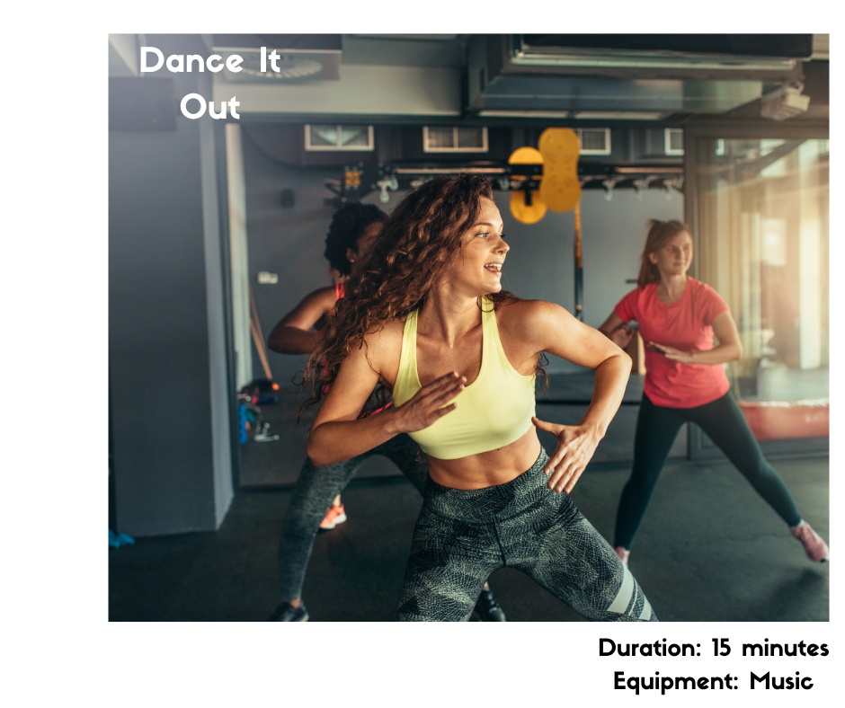 Fun, energizing 15-minute dance workout with music. No structured moves—just freestyle dancing to upbeat music to boost cardio, improve mood, and get the body moving. Designed for all fitness levels with no equipment needed except music.