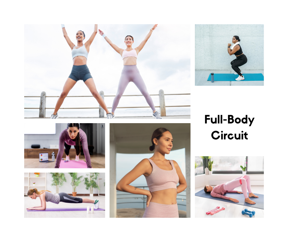 15-minute full-body circuit workout requiring no equipment. Exercises include: Jumping Jacks for 1 minute, Bodyweight Squats for 1 minute, Push-Ups for 1 minute, Glute Bridges for 1 minute, and a Plank for 1 minute. The circuit targets all major muscle groups using bodyweight exercises.
