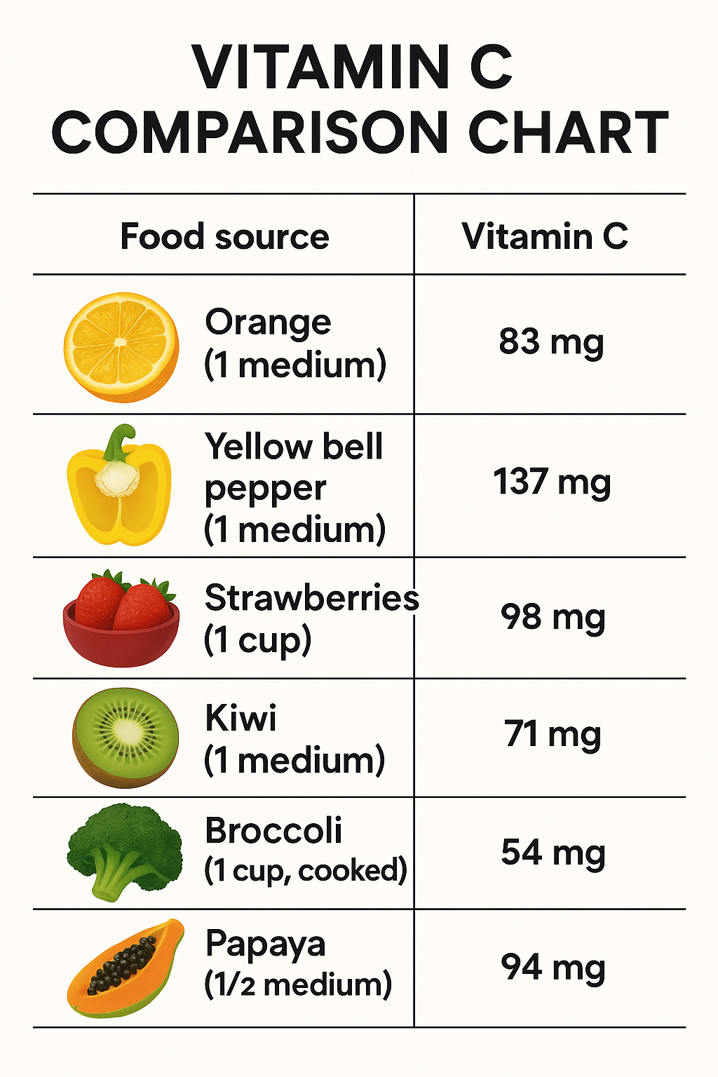 Vitamin C content comparison chart showing amounts in orange, yellow bell pepper, strawberries, kiwi, broccoli, and papaya with colorful food illustrations.