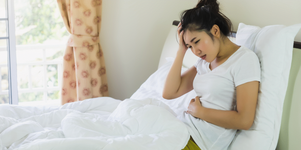 unhealthy human gut showing inflammation, imbalanced gut bacteria, and digestive issues. Includes visual indicators like bloating, harmful bacteria, and irritated intestinal lining.