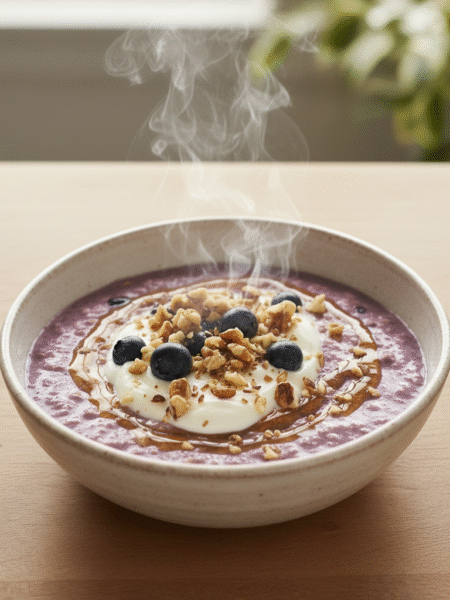Healthy blueberry oatmeal bowl topped with nuts and honey