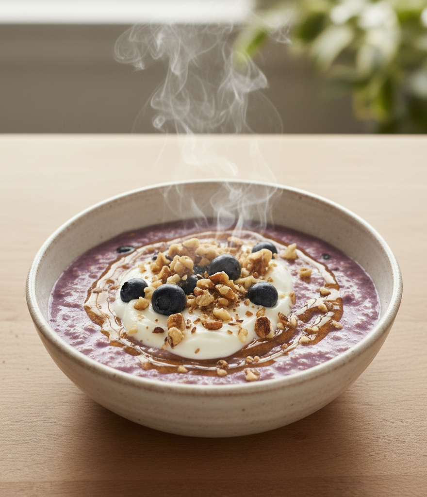 Healthy blueberry oatmeal bowl topped with nuts and honey
