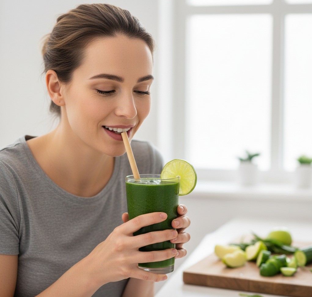 Refresh your body with this detox green smoothie made with spinach and ginger. A nutrient-packed, anti-inflammatory drink that supports your wellness diet and healthy lifestyle.